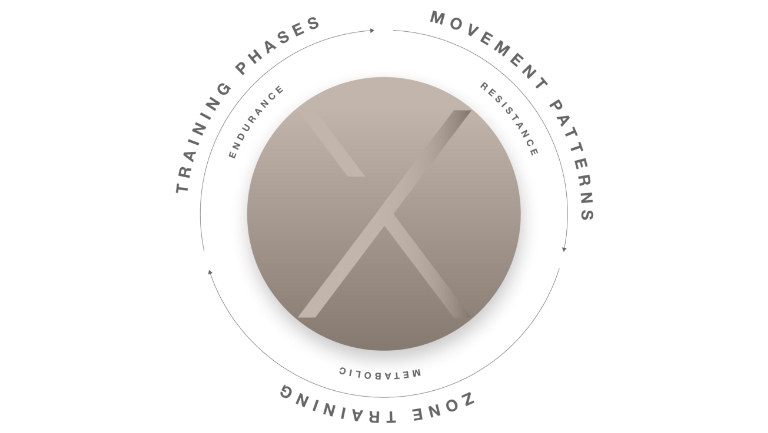 A dial showing the three main aspects of GTX programming: Training phases, movement patterns, zone training.
