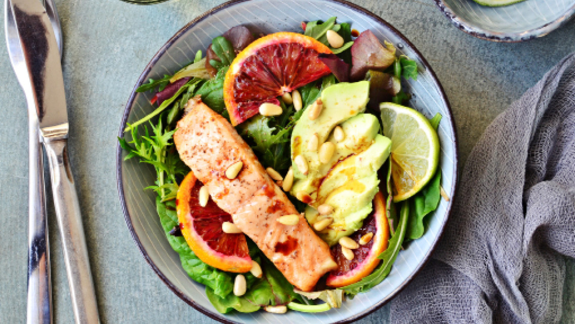 a healthy plate of food - avocado and salmon
