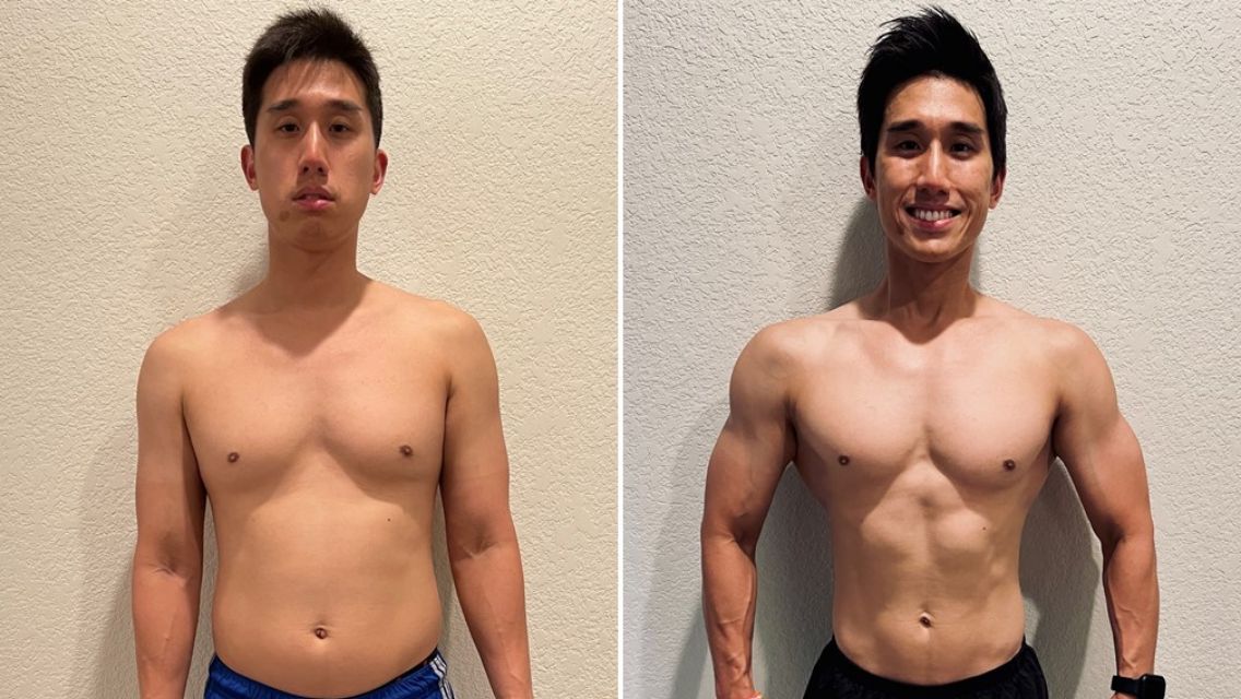 Side-by-side progress photos of Albert Li