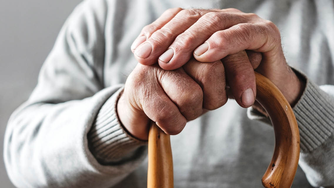 elderly male hands rest on top of a wooden cane