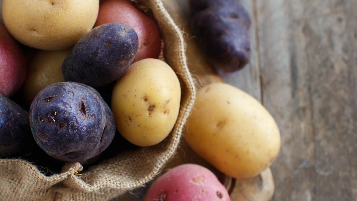 red, purple and white potatoes in a burlap sack