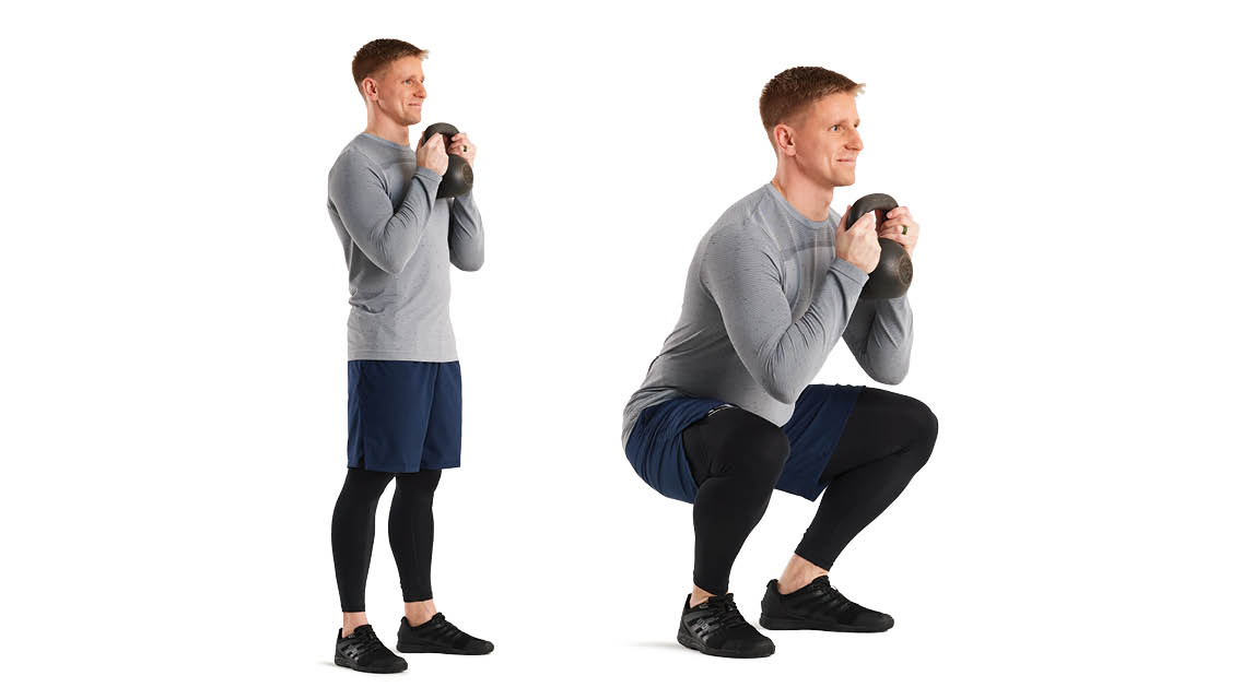 a man performs a goblet squat while holding a kettlebell
