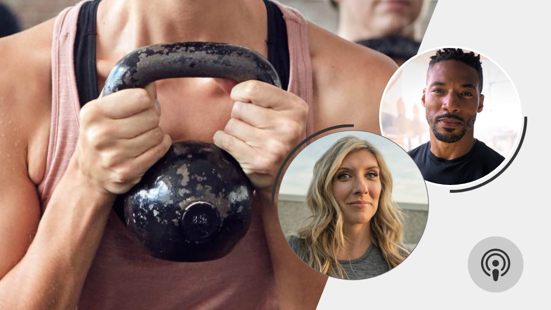 Headshots of Jamie Martin and David Freeman placed over an image of a woman gripping a kettlebell.