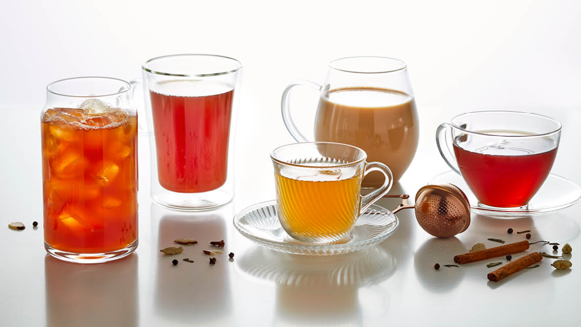 a variety of teas in glass cups