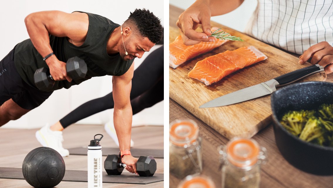 Side-by-side image of a man exercising with dumbbells and someone preparing salmon in the kitchen.