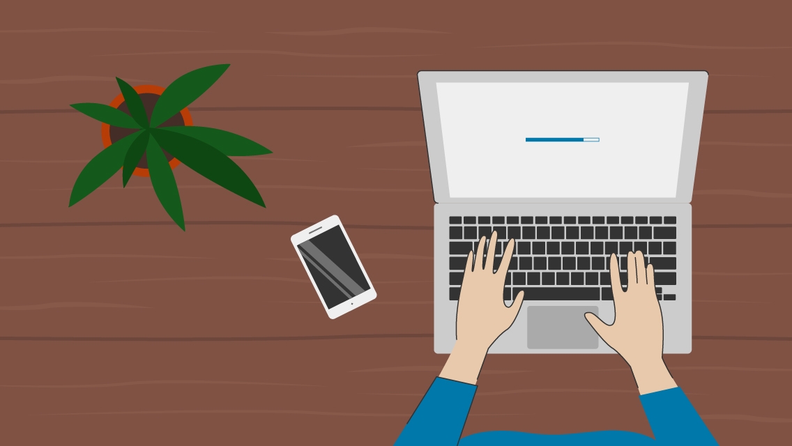 An illustration of someone typing on a laptop on a desk with a phone and a plant next to them.