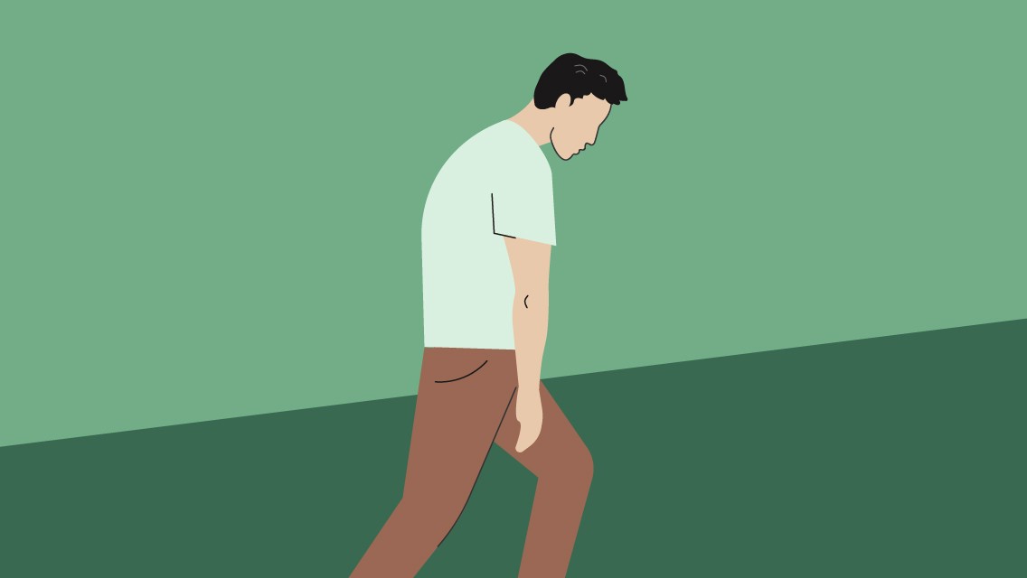 An illustration of a man looking exhausted, hunched over.