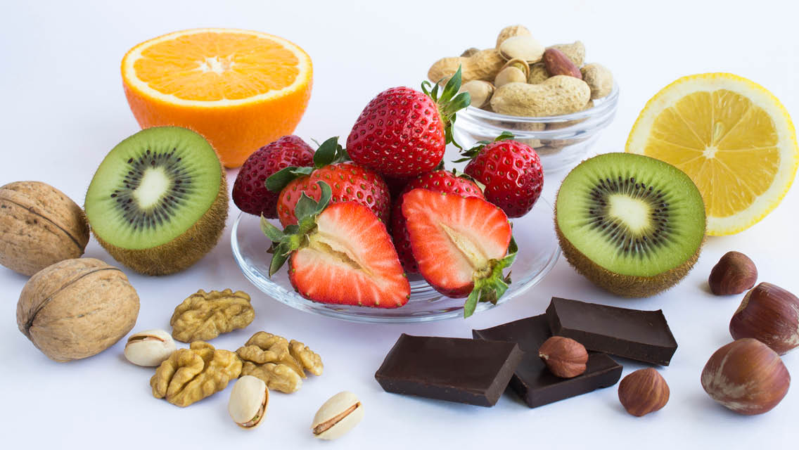 fruits, nuts and chocolate