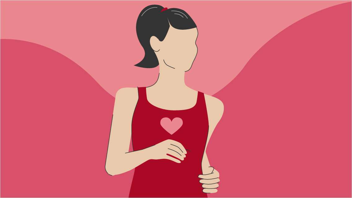 An illustration of a woman jogging with a heart logo on her tank top.