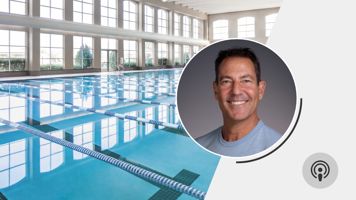 Rob Glick's headshot with an image of a pool in the background.
