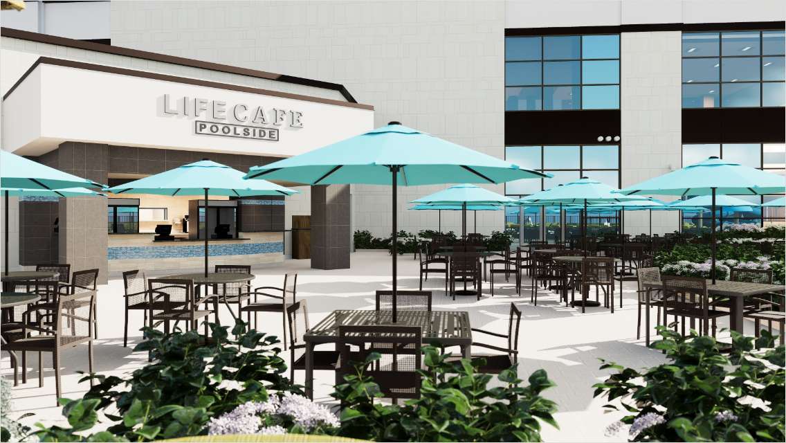 The LifeCafe outdoor pool bistro at Life Time Lake Zurich.