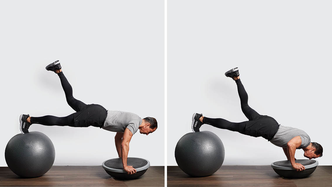 pushup with one foot on stability ball and hands on a BOSU
