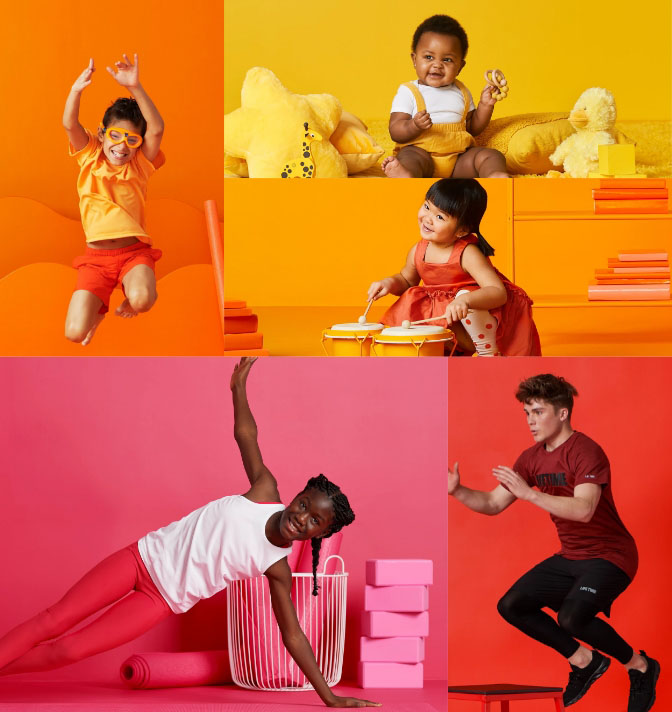 A collage of images of kids of different ages, from a toddler to a teen, participating in different activities.