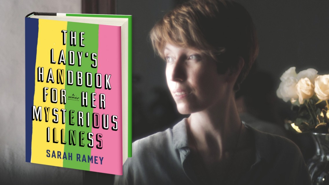 A compilation of an image of Sarah Ramey and the cover of her book.