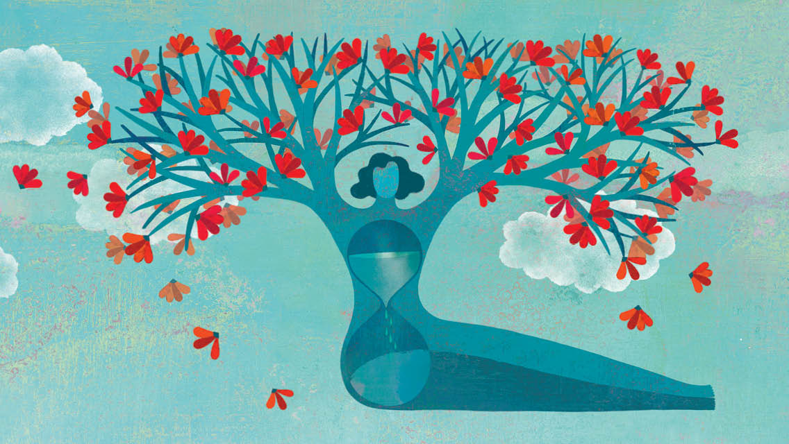 an illustration of a woman with a sands of time capsule in her torso and arms growing into tree branches