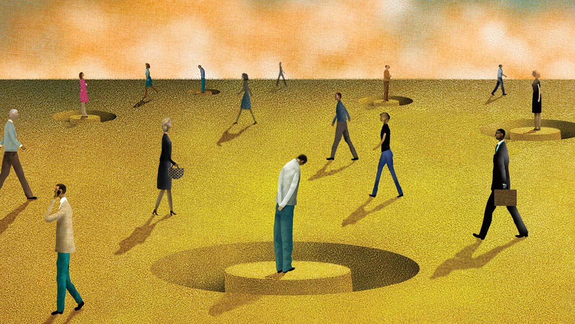 an illustration of a person standing in a circled off area with people walking around
