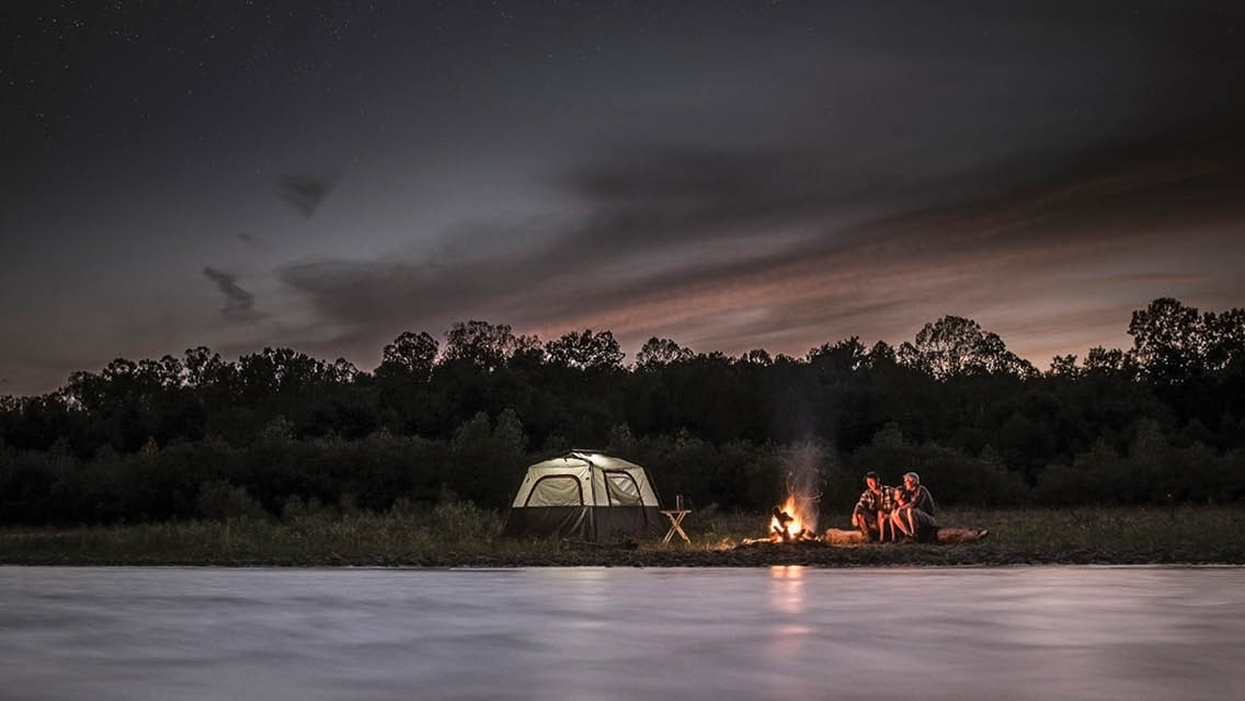 a campsite at dusk