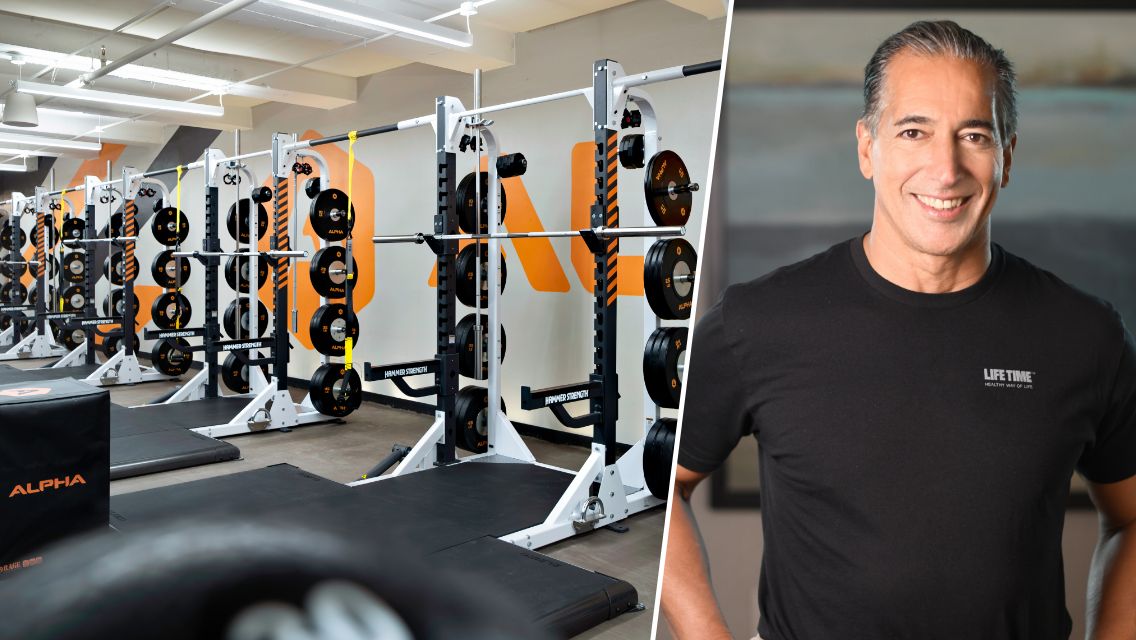 A side-by-side photo of weight racks in a Life Time club and Bahram Akradi.
