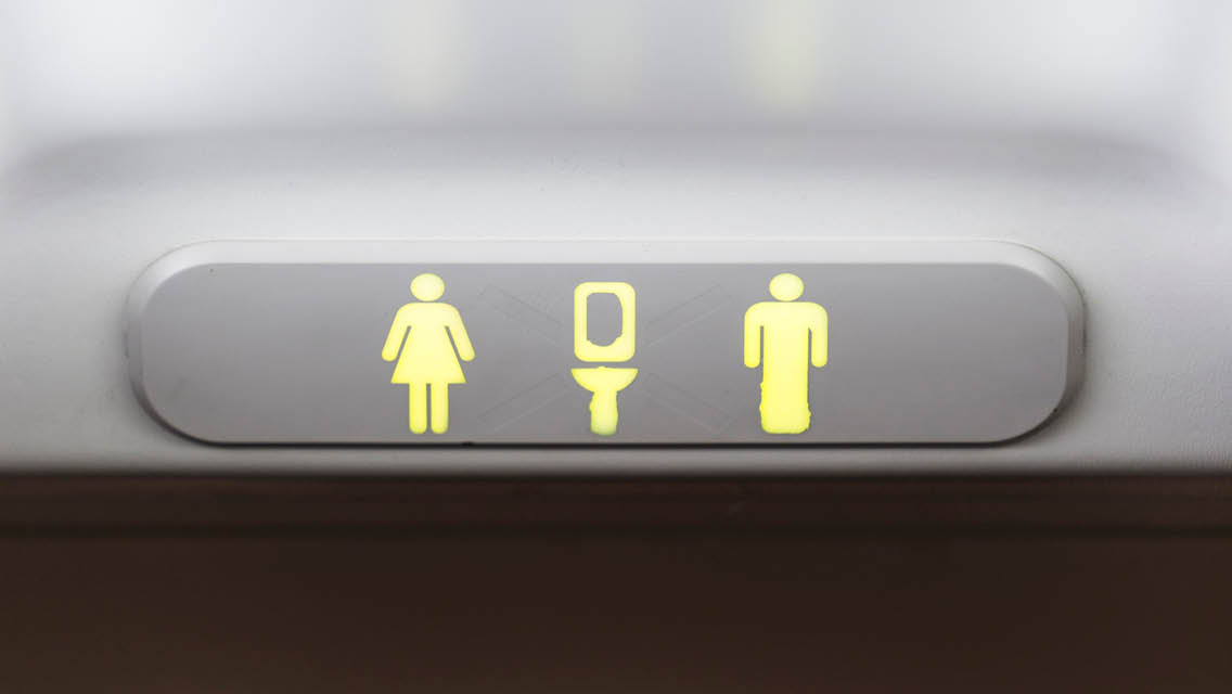 the illustrations for man and woman and a toilet on an airplane