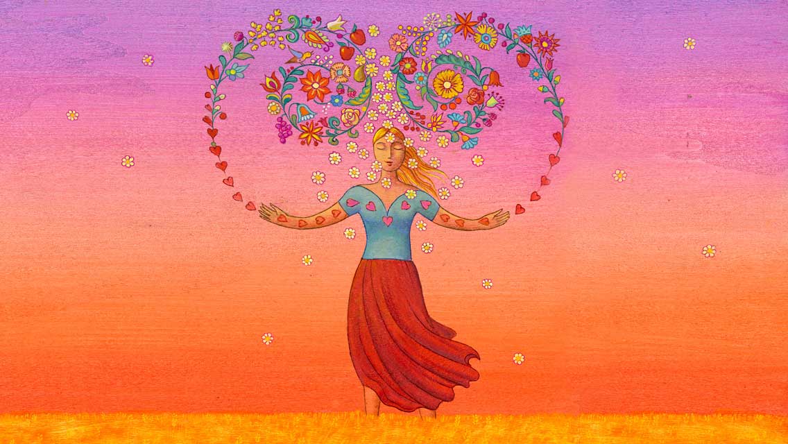 illustration of woman with arms flowing with hearts and flowers