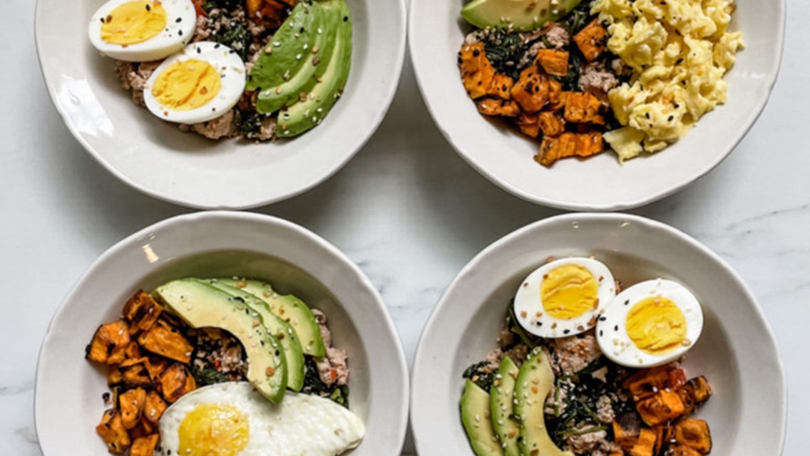 Four bowls full of make-ahead breakfast ingredients
