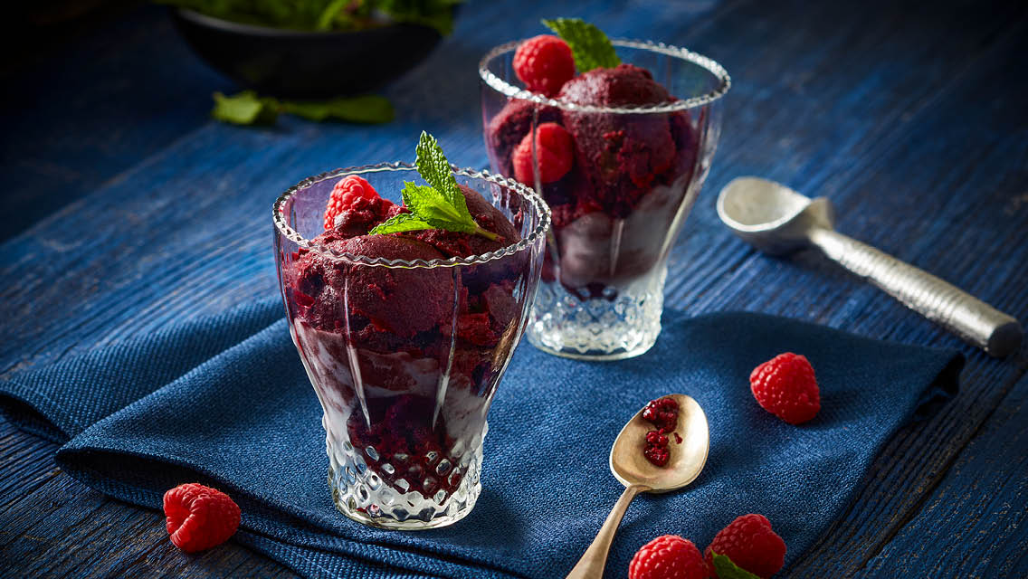 glasses filled with mixed berry sorbet