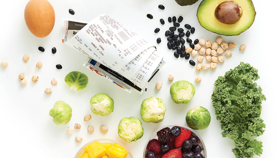 healthy foods surround a receipt