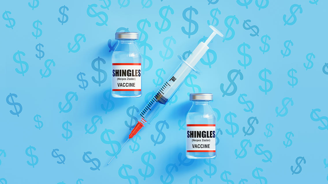 bottles of shingles vaccines and a syringe on money symbols