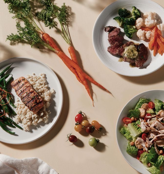 Three plates featuring high-protein meals.