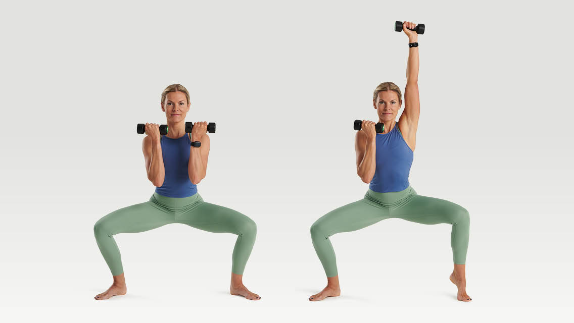barre exercise: plie with heel raise and overhead press