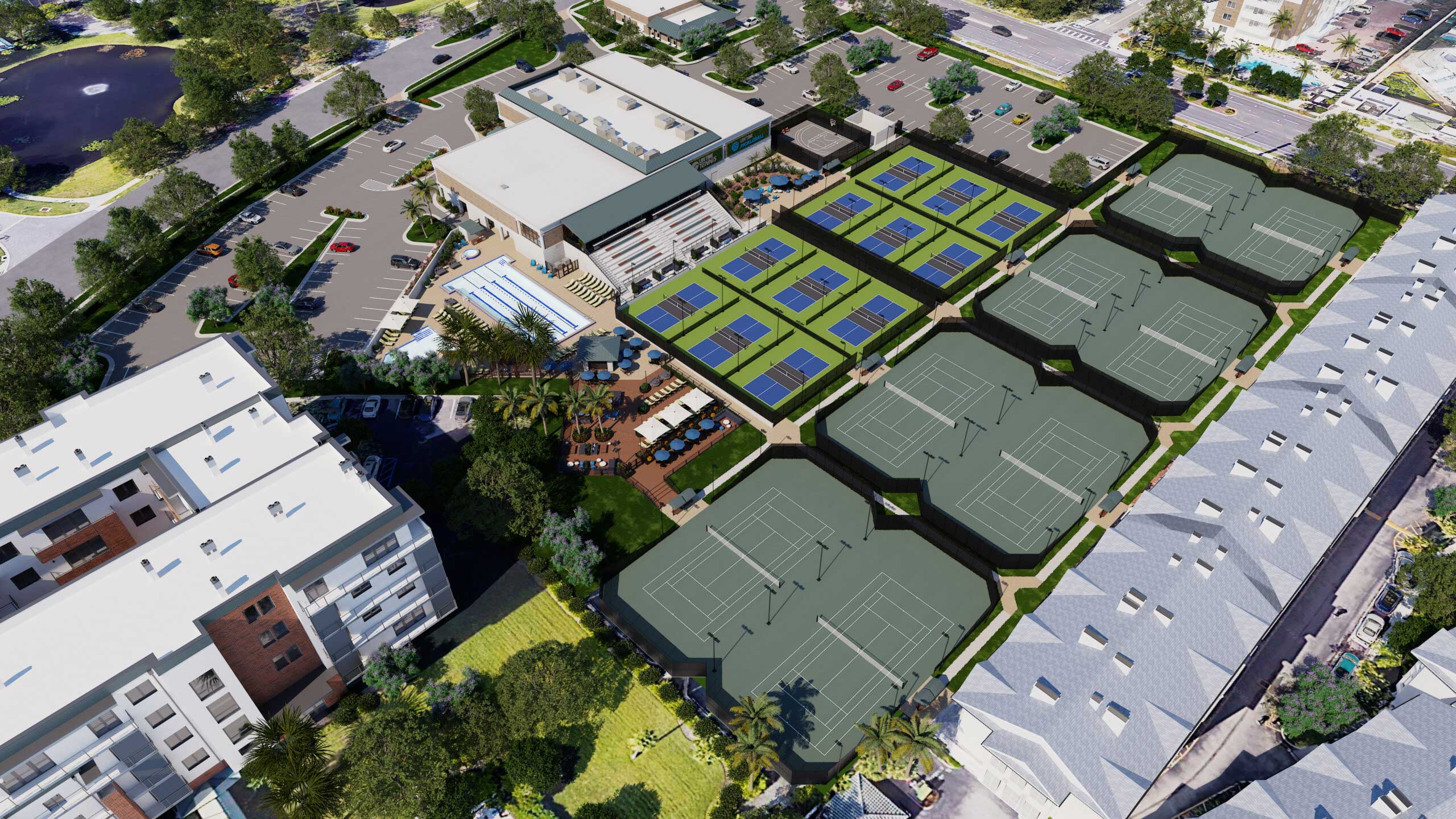 Birds Eye view of pickleball and tennis courts