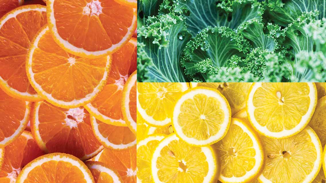 A collage of citrus fruits and vegetables that contain vitamin C