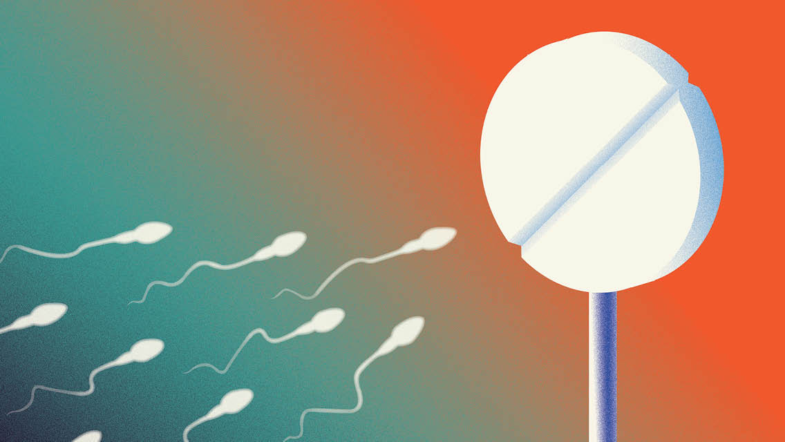 illustration of sperm swimming to a birth control pill