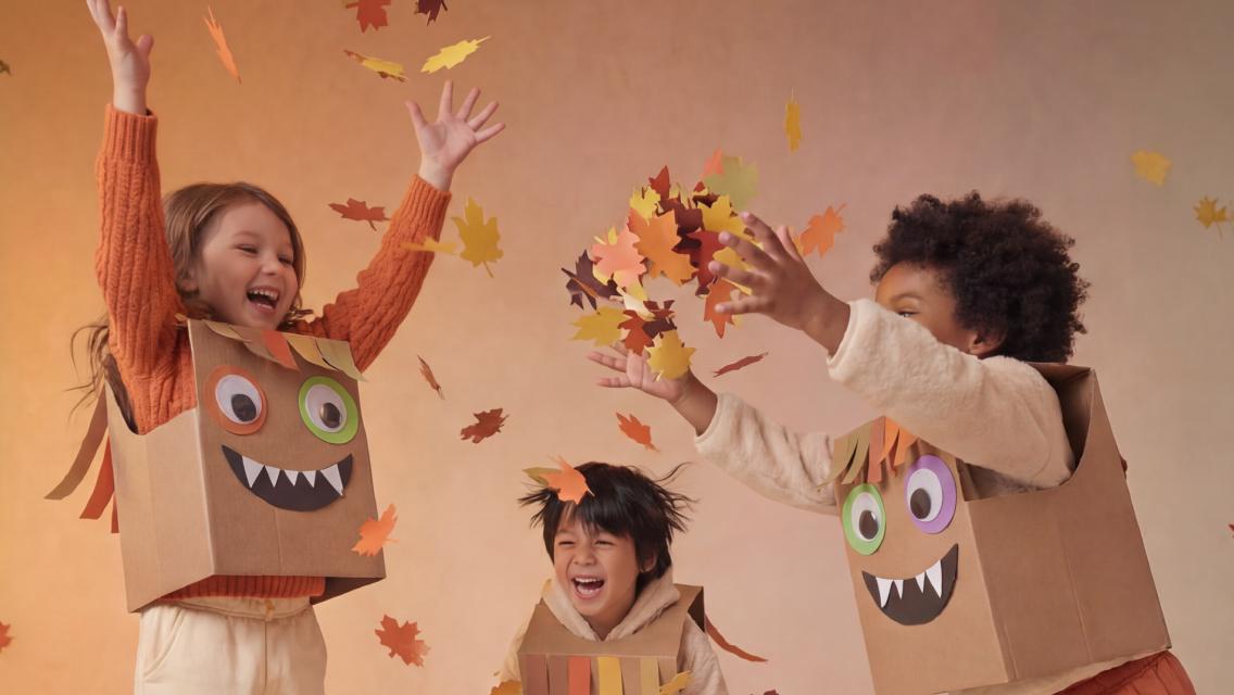 Kids in costumes throwing up fall leaves.