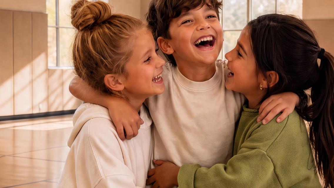 Kids hugging and laughing.