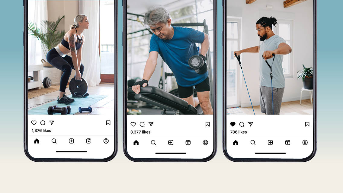 three phone screens with people working out