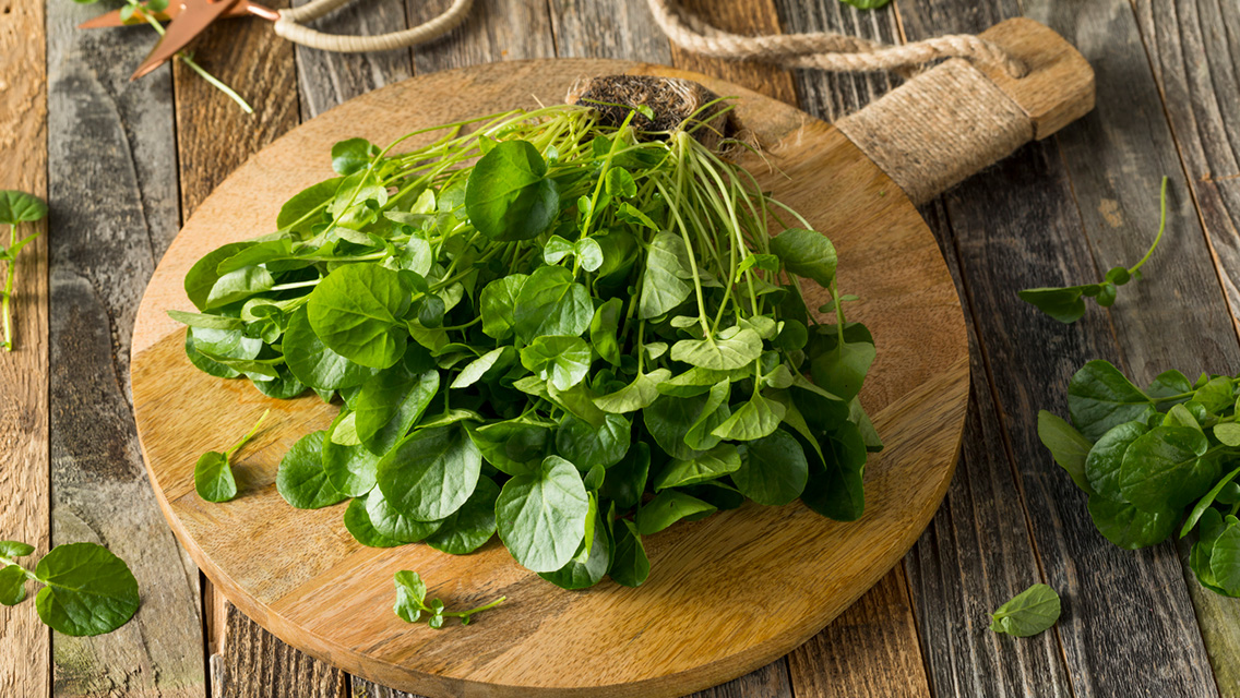 watercress on a wooden cutting board