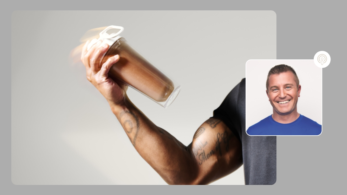 person holding a protein shake and Paul's headshot