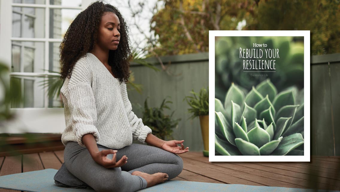 A woman meditating next to an e-book titled Rebuild Your Resilience