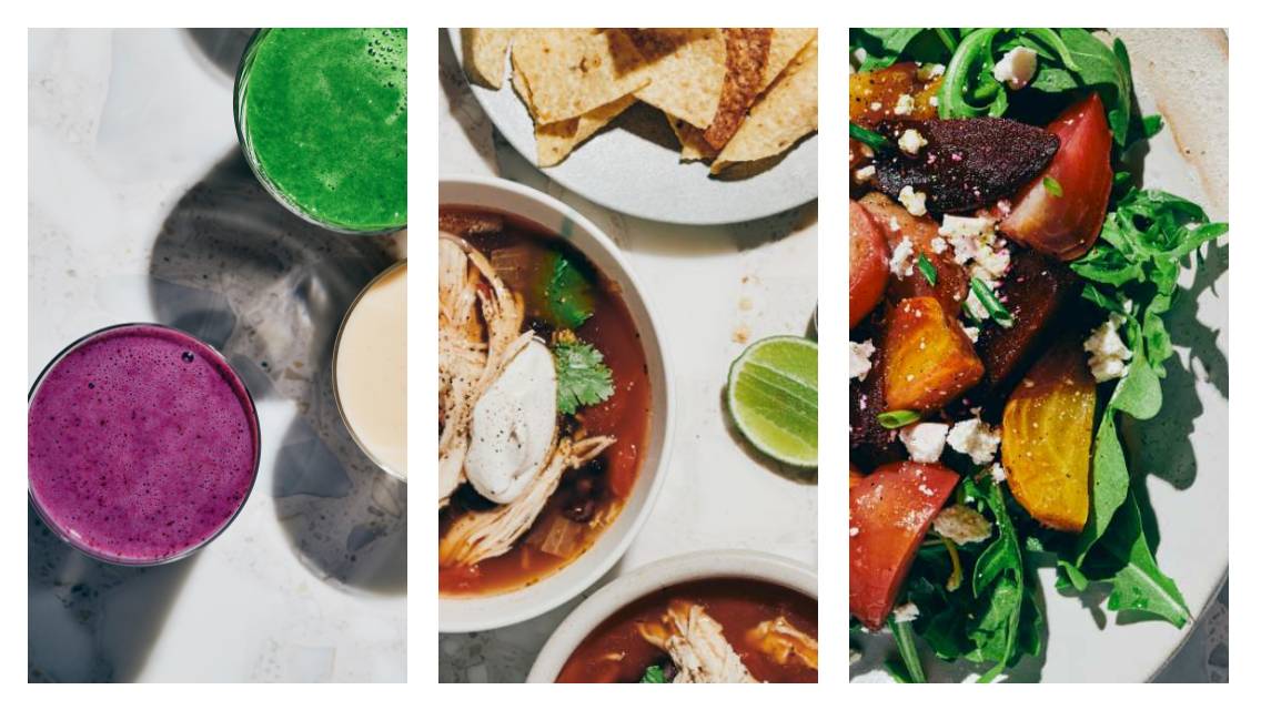 Three images side by side showing a shake, chicken tortilla soup, and a salad.