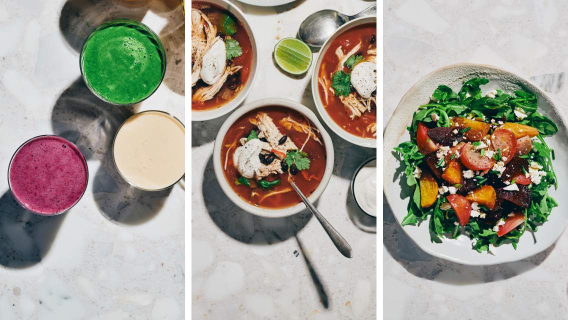 Three images side by side showing a shake, chicken tortilla soup, and a salad.