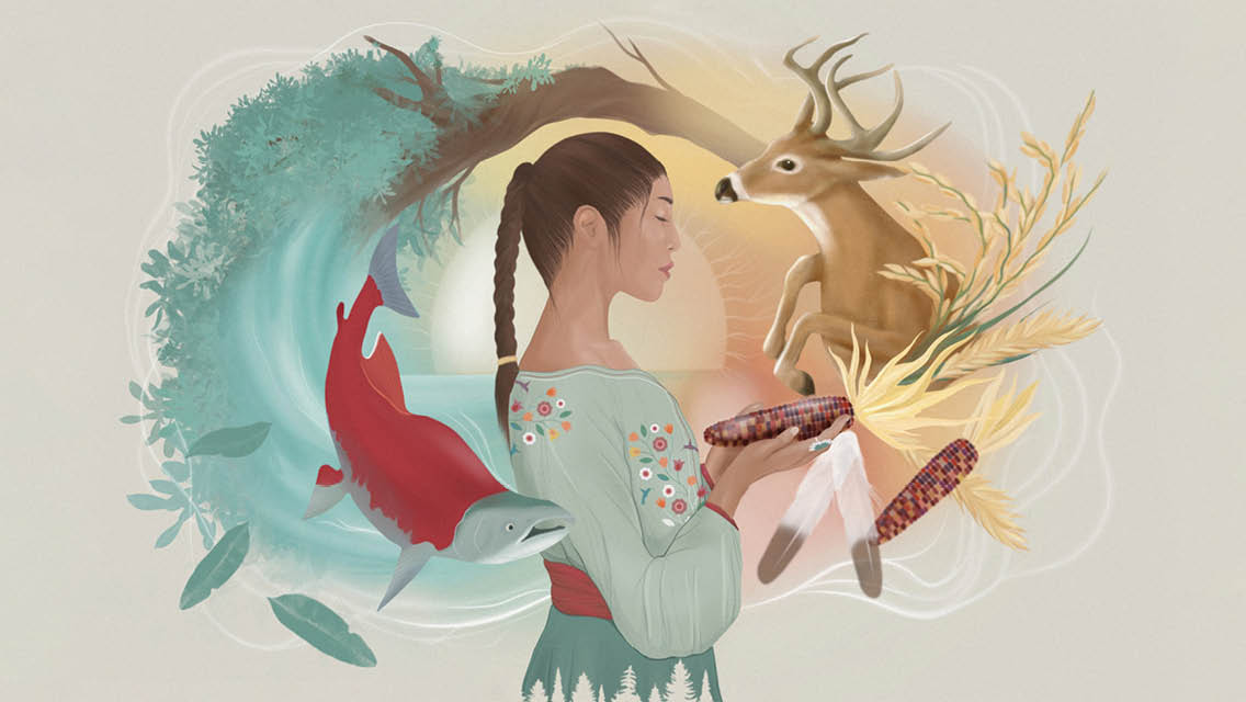illustration of a Native American woman with with nature's food sources around her
