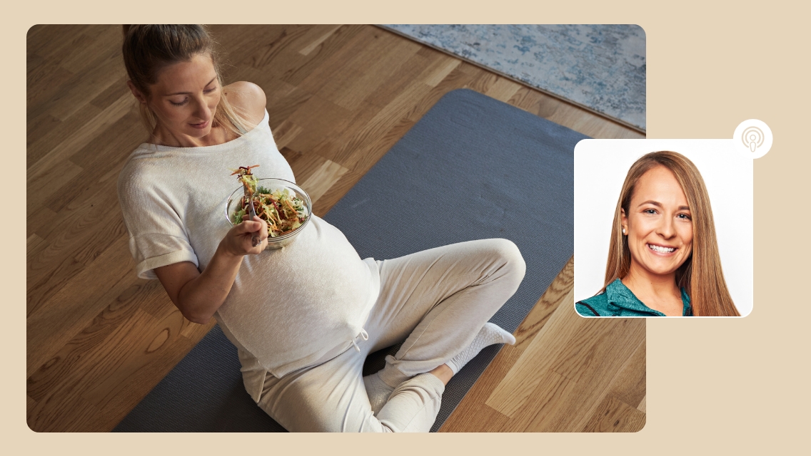 woman on a mat who is pregnant and sam's headshot