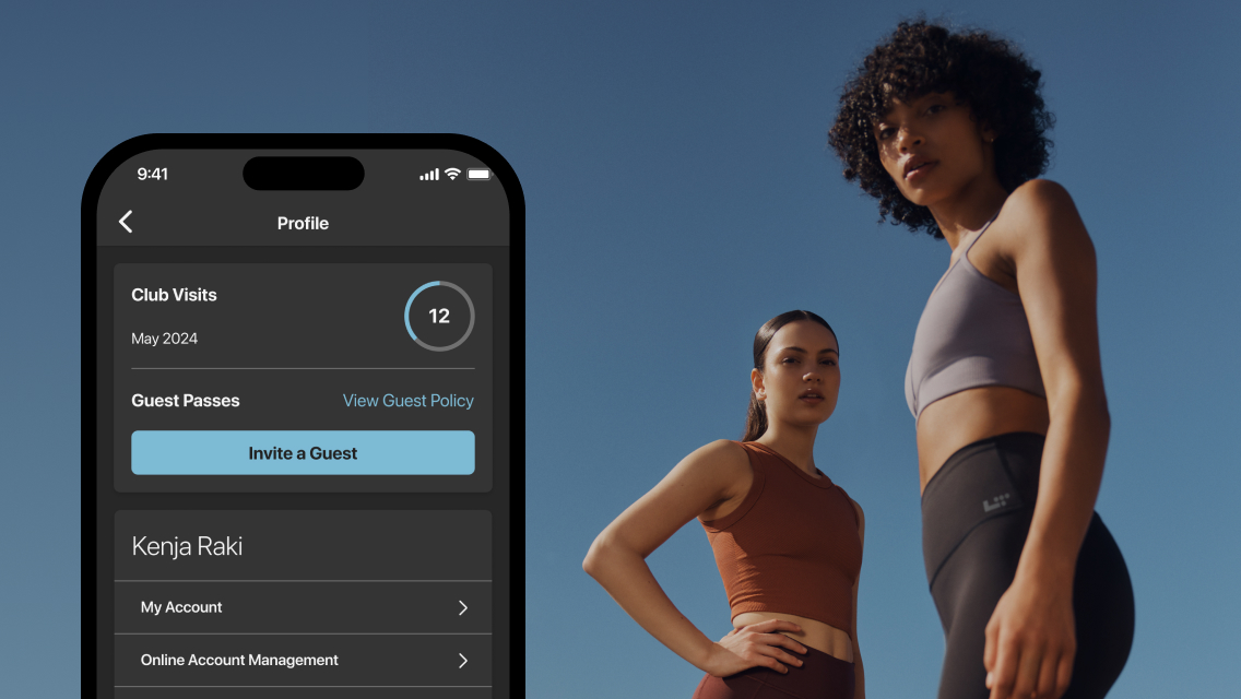 The My Profile screen of the Life Time app showing the button to use to invite a guest next to two women in workout wear.