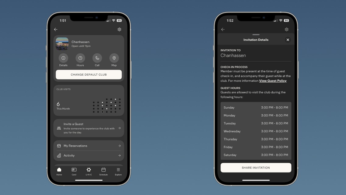 Two phone screens showing the Life Time app page where you go to invite a guest.