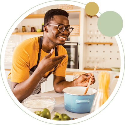 a man cooks in his kitchen