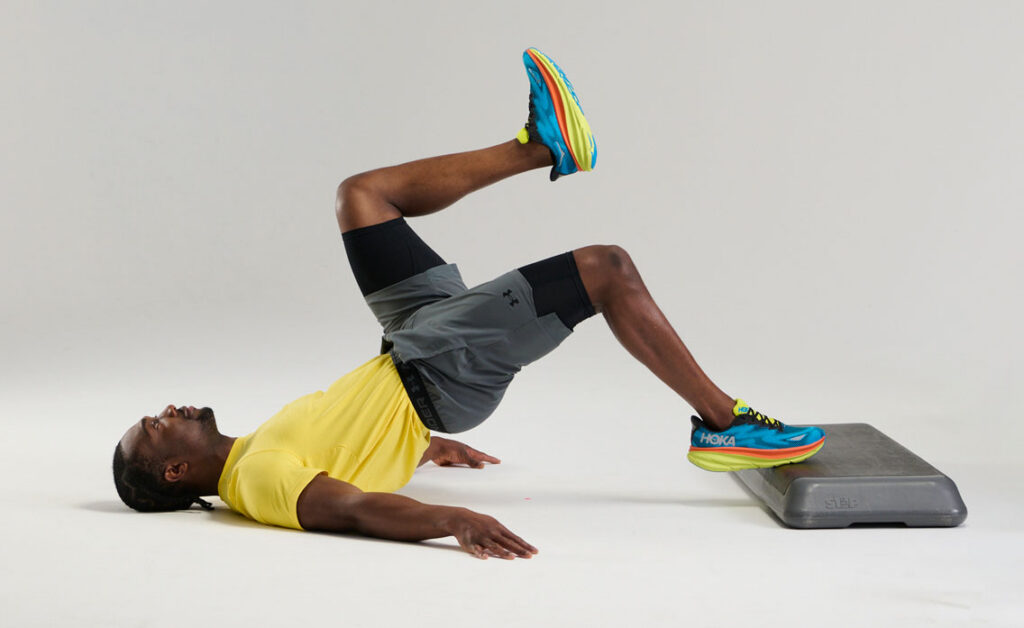 single leg glute bridge using step, no riser