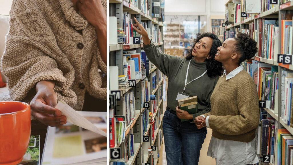 people in a library and reading