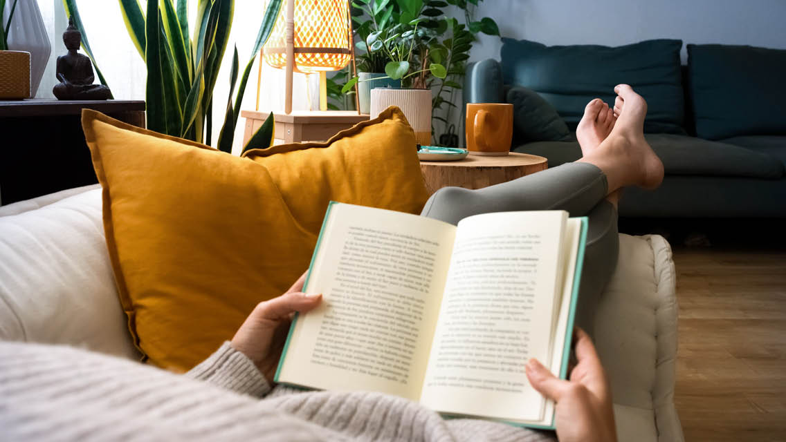 a person sits on their couch reading a book