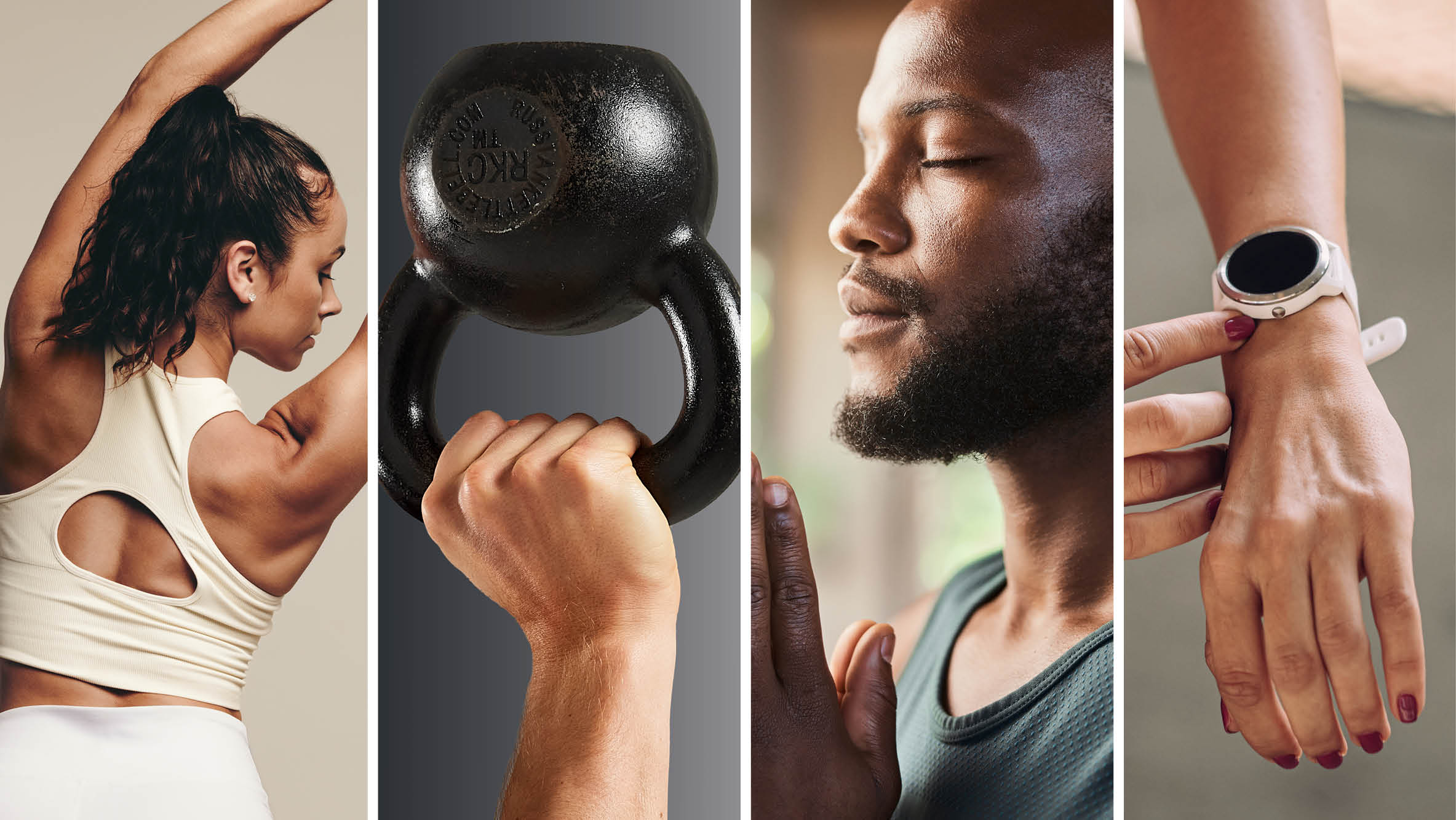 collage of photos: a woman stretching, a man holding a kettlebell, a person meditating, and a heart rate monitor.